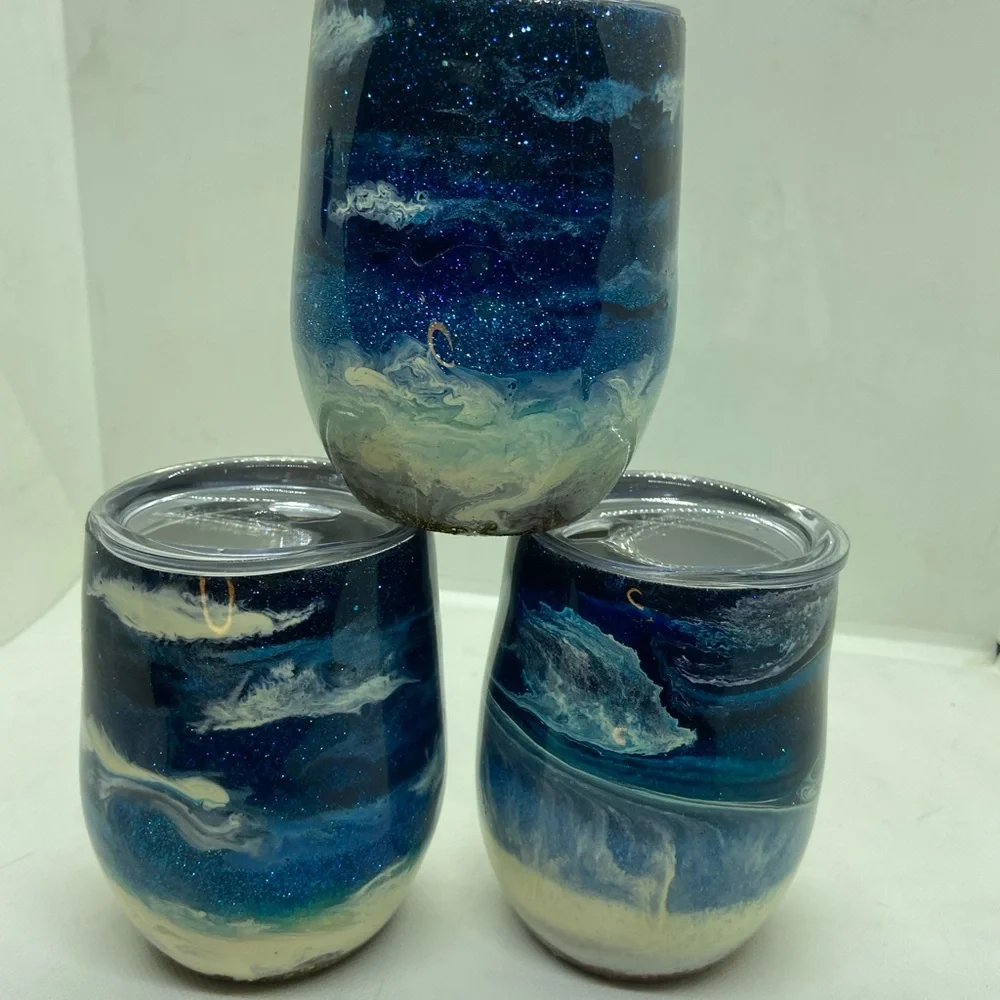 3 handcrafted epoxy dipped wine tumblers